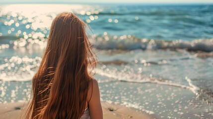 Obraz premium SunKissed Serenity Stunning Beach Scene with Woman Standing at Water's Edge