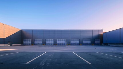 Gleaming Steel Modern Warehouse Exterior in Clear Blue Sky Industrial Architecture