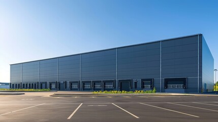 Gleaming Steel Modern Warehouse Exterior in Clear Blue Sky Industrial Architecture