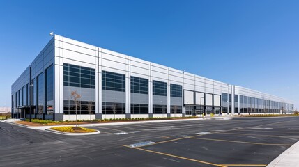 Obraz premium Gleaming Steel Modern Warehouse Exterior in Clear Blue Sky Industrial Architecture