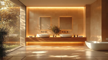 Modern luxury bathroom with natural lighting and greenery - generative ai