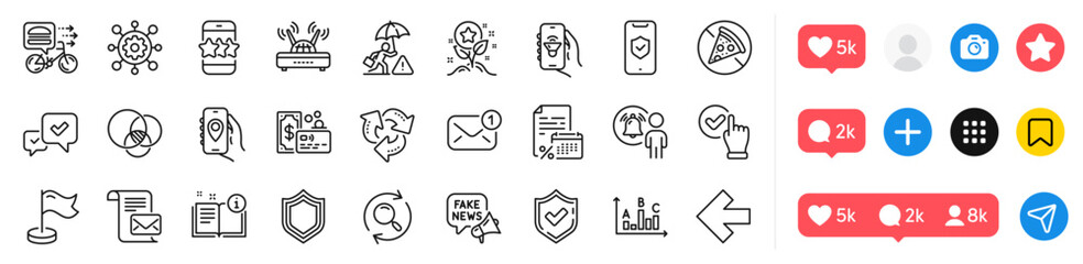 Music app, Milestone and Location app line icons pack. Social media icons. Checkbox, Euler diagram, Approve web icon. Recycle, User notification, Left arrow pictogram. Vector