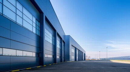 Obraz premium Modern Industrial Marvel Warehouse Facility with Reflective Walls and Orderly Exterior