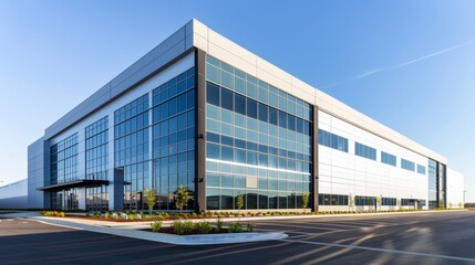 Obraz premium Modern Warehouse Oasis Reflective Walls Clear Skies and Endless Potential