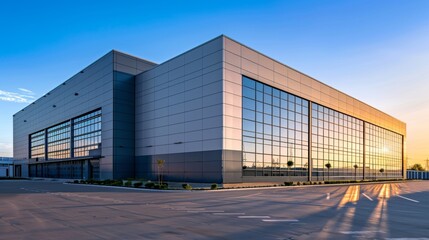 Obraz premium Modern Warehouse Oasis Reflective Walls Clear Skies and Endless Potential