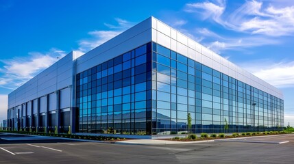 Fototapeta premium Modern Warehouse Oasis Reflective Walls Clear Skies and Endless Potential