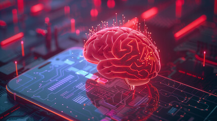 3D illustration of A red brain on the background of high-tech chips and circuits, digital technology concept.