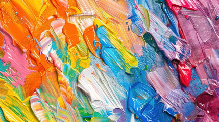 Abstract rough multicolored rainbow art texture, closeup of vibrant oil acrylic brushstroke, pallet knife on canvas, long panorama banner