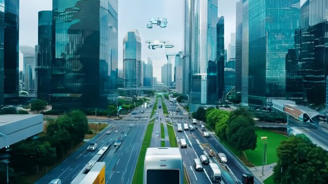 Modern city traffic with drones in urban area during daytime