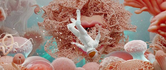 Scaled-down scientists in spacesuits explore a surreal microcosm or another dimension, A living cell © Ulia Koltyrina