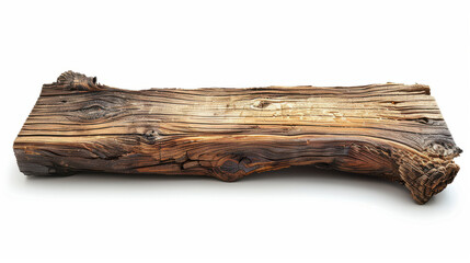 Aged wooden plank with rough edges cut out on a pristine white background.