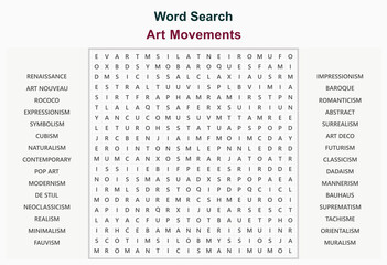 Word search puzzle vector (Word find game) illustration. Art Movements