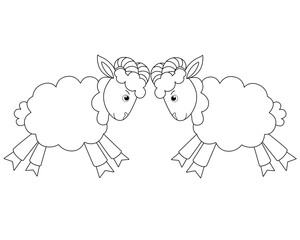 Rams butt heads, run towards each other to meet - a vector linear picture for coloring. Outline. Sheep fighting each other - picture for children's coloring book	
