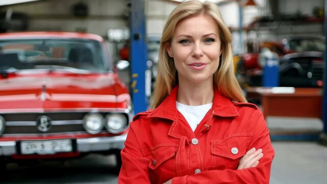 A passionate car lover proudly stands with her classic red car, sharing her love for vintage vehicles in a bustling city workshop environment