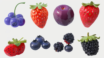 Assorted ripe berries including strawberries, blackberries, raspberries, and blueberries, cut out and featured on a blank background