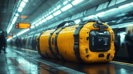 Futuristic luggage on subway platform - generative ai