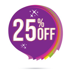 Purple Tag 25% off. Special discount, super discount. Vector illustration isolated on white background. best price, discount coupon, sticker, price tag, special discount 25% OFF text on round bubble.