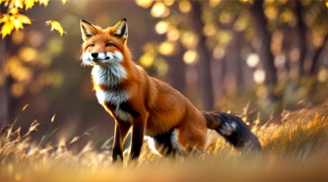  A fox jumping through tall autumn grass, with soft bokeh light enhancing the scene.