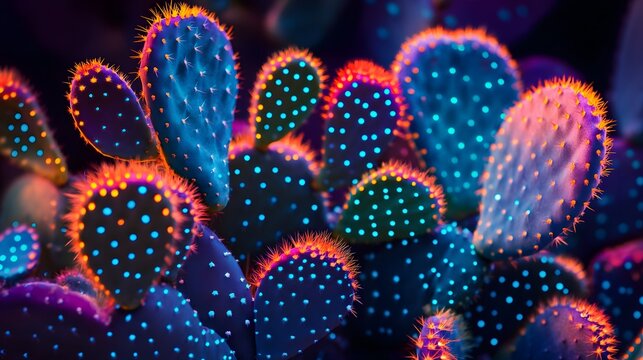 Desert cacti aglow with neon lights at night