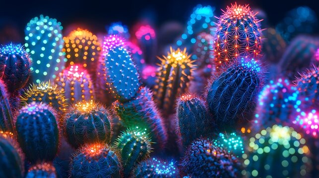 Desert cacti aglow with neon lights at night