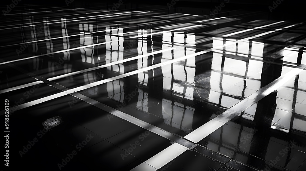 Sticker A black and white photo of a floor with a white line running down the middle