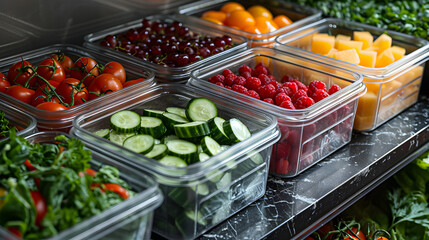 A variety of fresh vegetables, fruits, and greens neatly arranged in clear plastic containers, a well-organized kitchen or market setting Copy space available on the countertop.