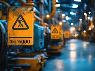 Fototapeta premium Safety signs and labels posted on walls and machinery