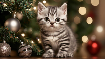 Fototapeta premium Adorable American Shorthair Kitten with Chic Christmas Tree
