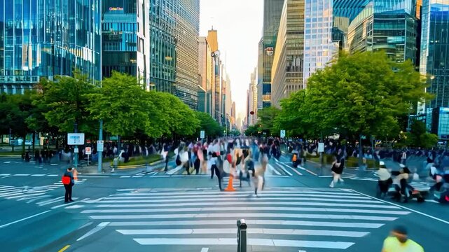 Sunset over a bustling city street with pedestrians and cyclists in motion