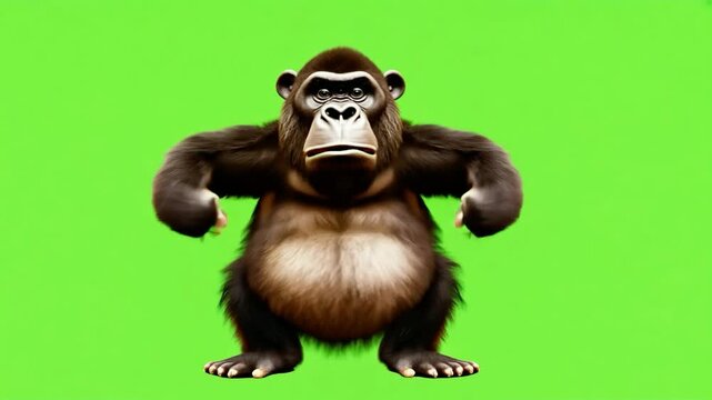 Gorilla animation on green background showcasing playful behavior in a natural setting