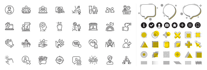 Set of Microphone, Recruitment and Refer friend line icons for web app. Design elements, Social media icons. Clapping hands, Video conference, Painter icons. Vector