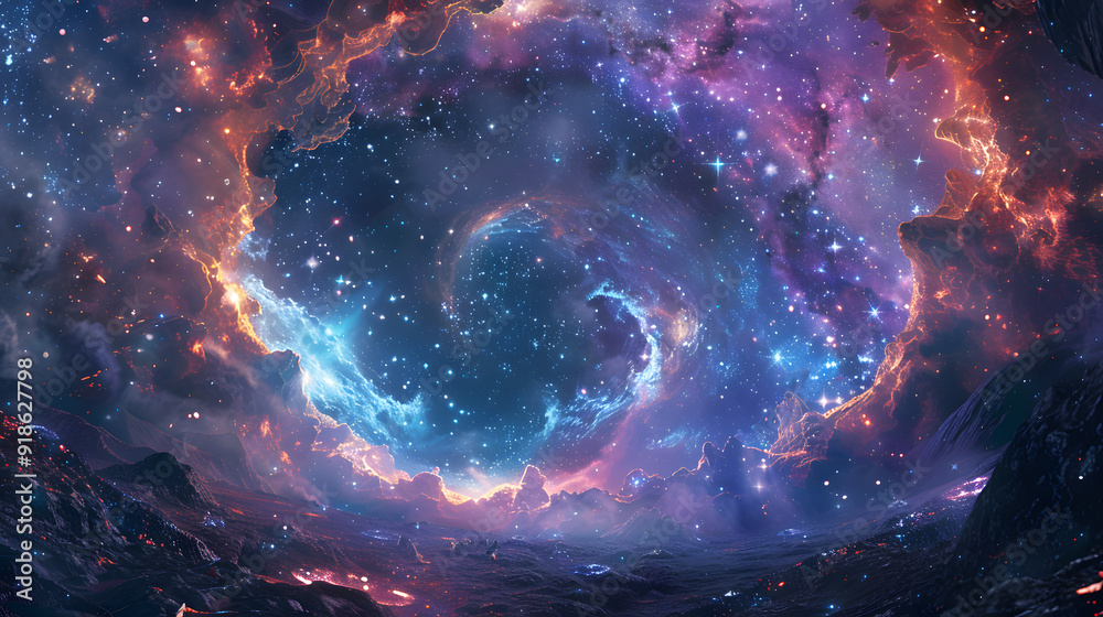 Wall mural a space scene with a large hole in the ground and a river flowing through it