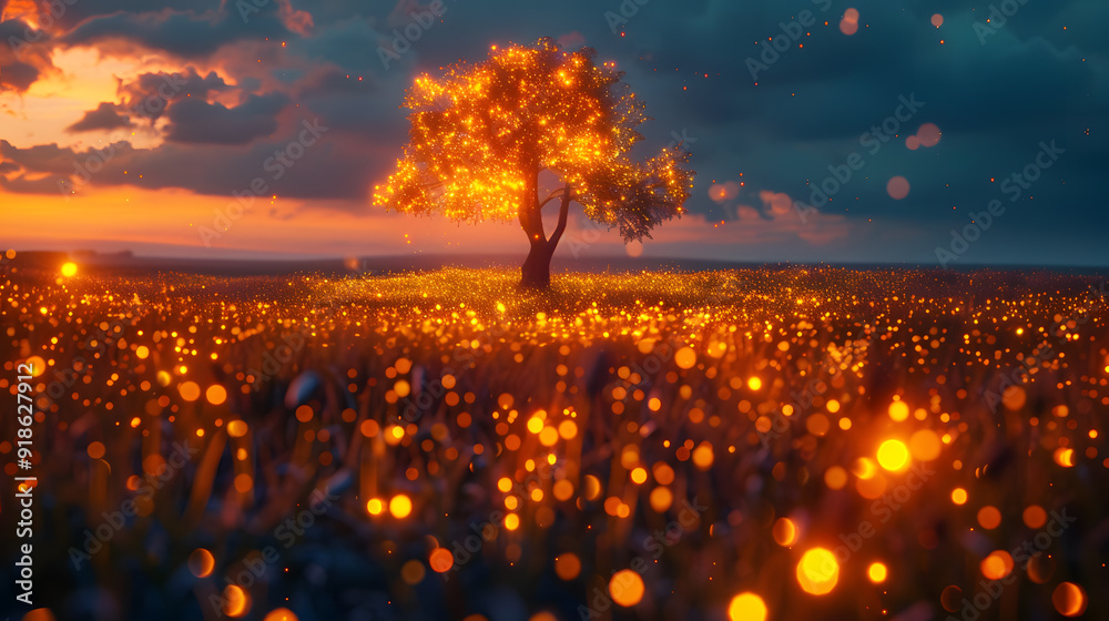 Wall mural a tree with lights on it in a field