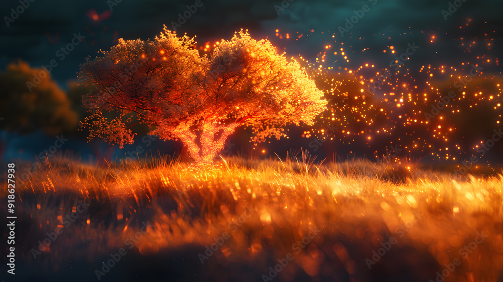Wall mural a tree with lights on it in a field
