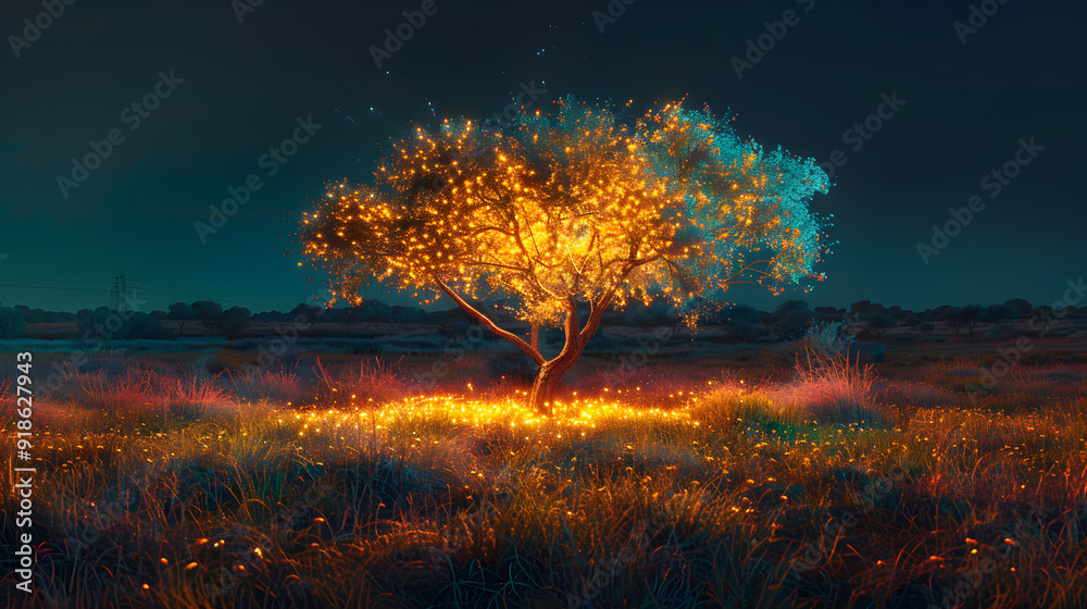 Wall mural a tree with lights on it in a field