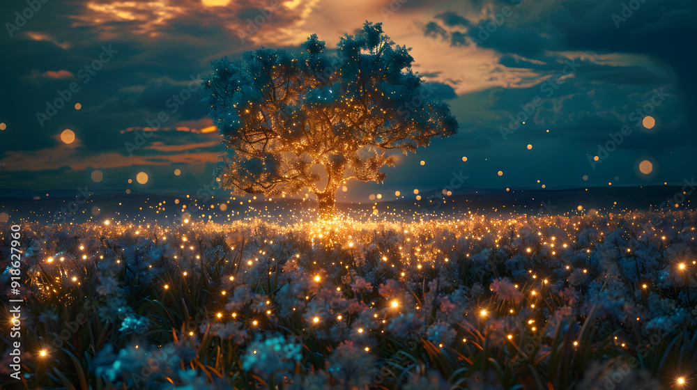 Wall mural a tree with lights on it in a field