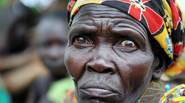 A wise elder gazes into the distance, revealing stories of strength and perseverance against a backdrop of colorful fabric and bustling life