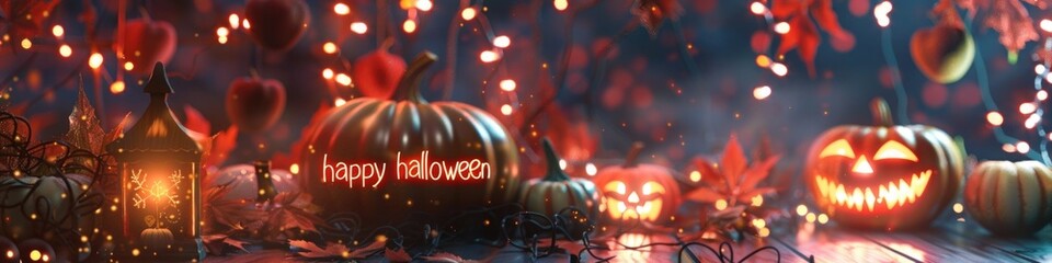 Naklejka premium banner. Spooky Halloween scene with a glowing Jack-O'-Lantern and happy Halloween text. background, pumpkin and lights.