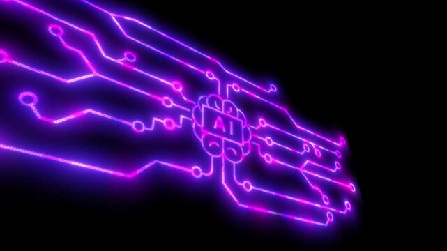 Circuit board animation. Circuit board showing electrons in motion Data Flow Loop Animation in the background. Artificial intelligence and brain text.