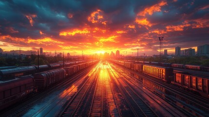 Sunset over train tracks - generative ai