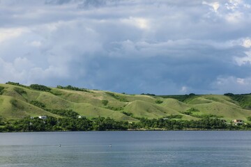Landscape of Canadian Echo Lake in Saskatchewan in summer. Active recreation on the lake. Canadian prairies