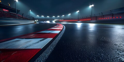 Nighttime race track with illuminated curbs and empty stands