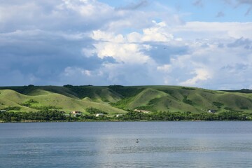 Landscape of Canadian Echo Lake in Saskatchewan in summer. Active recreation on the lake. Canadian prairies