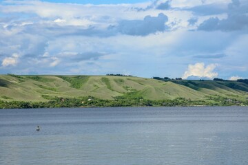 Landscape of Canadian Echo Lake in Saskatchewan in summer. Active recreation on the lake. Canadian...