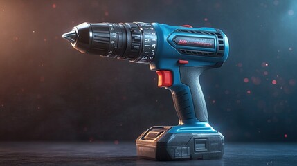 A cordless drill with a blue and black body sits on a dark surface.