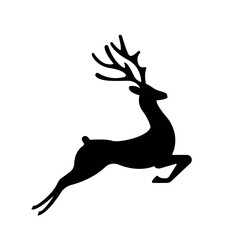 jumping deer, christmas symbol, Santa Claus reindeer silhouette, black icon, winter decorative element, vector illustration