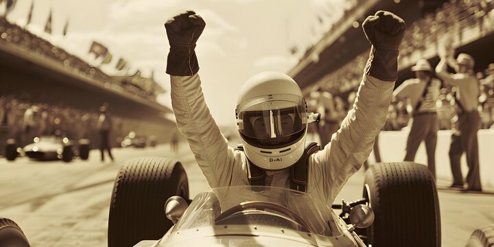 Vintage racing car with victorious driver celebrating amidst cheering crowd