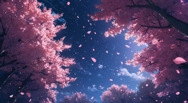 cherry blossom trees with pink petals falling, night sky, in the style of anime, in the style of cartoon