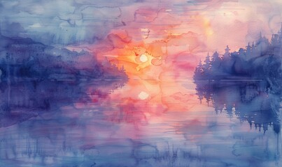 Naklejka premium A painting of a lake with a sun setting in the background
