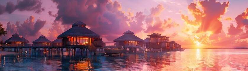 Fototapeta premium banner. Overwater bungalows at sunset over the ocean, palm trees in the background. exotic vacation and relaxation